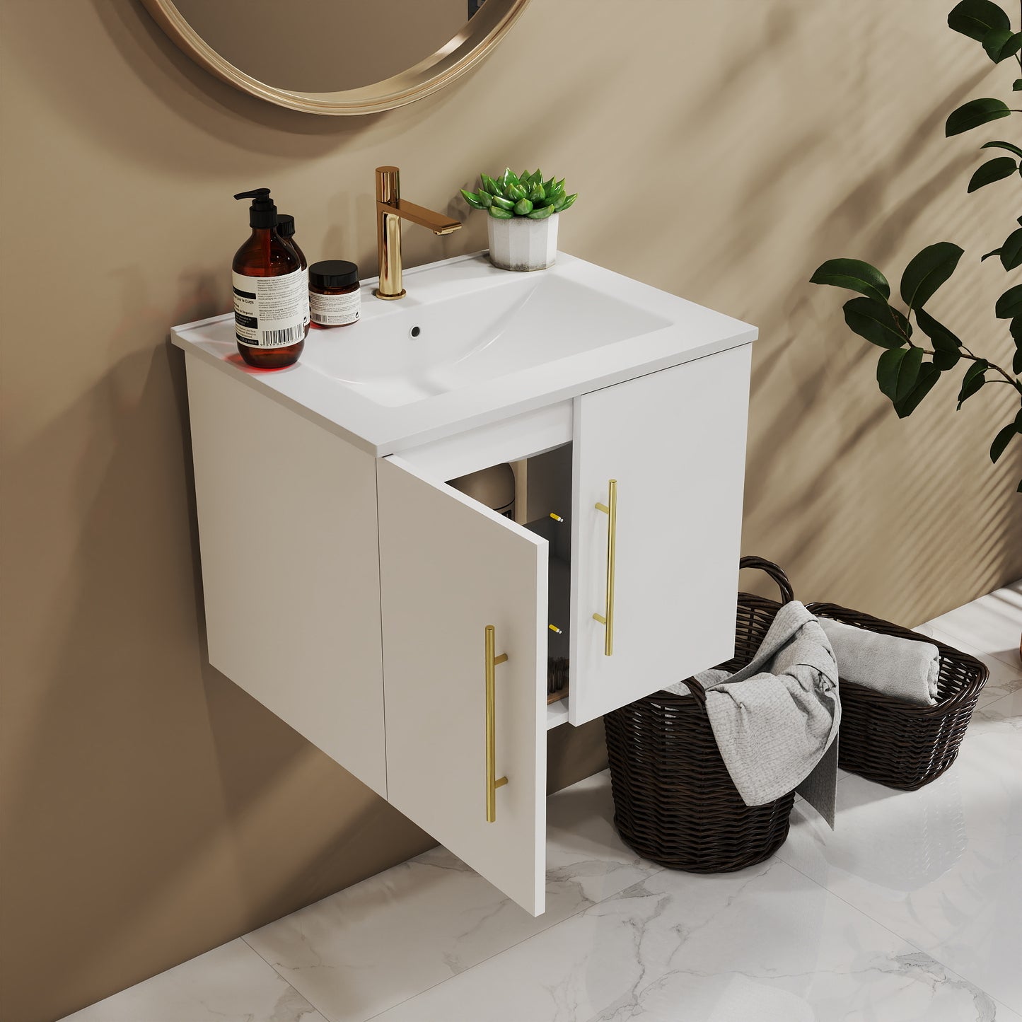 24 Inch Wall Mounted Bathroom Vanity - White MDF