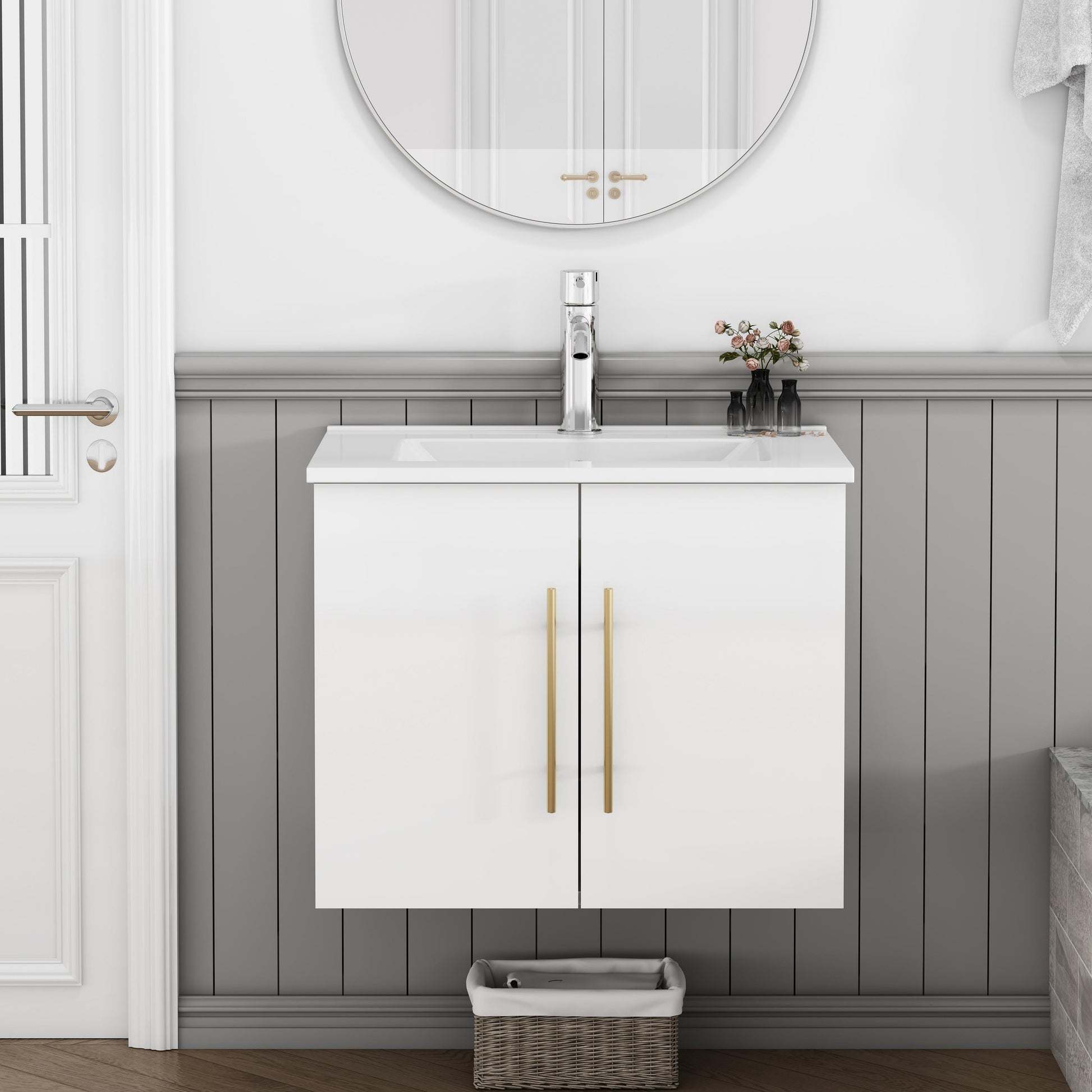 24-Inch Wall-Mounted Bathroom Vanity with Sink Combo,Double Doors,Soft Close Hinges, Ceramic Basin,Easy Assemble,Gold Metal Long Handle,Storage Space,Glossy White