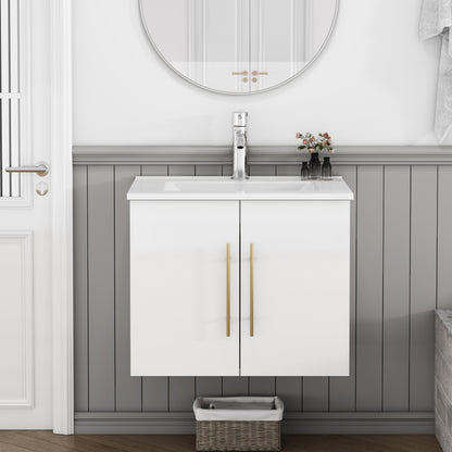 24-Inch Wall-Mounted Bathroom Vanity with Sink Combo,Double Doors,Soft Close Hinges, Ceramic Basin,Easy Assemble,Gold Metal Long Handle,Storage Space,Glossy White