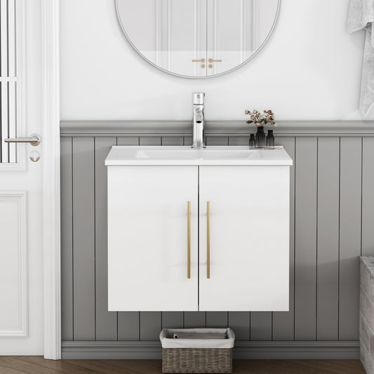24-Inch Wall-Mounted Bathroom Vanity with Sink Combo,Double Doors,Soft Close Hinges, Ceramic Basin,Easy Assemble,Gold Metal Long Handle,Storage Space,Glossy White