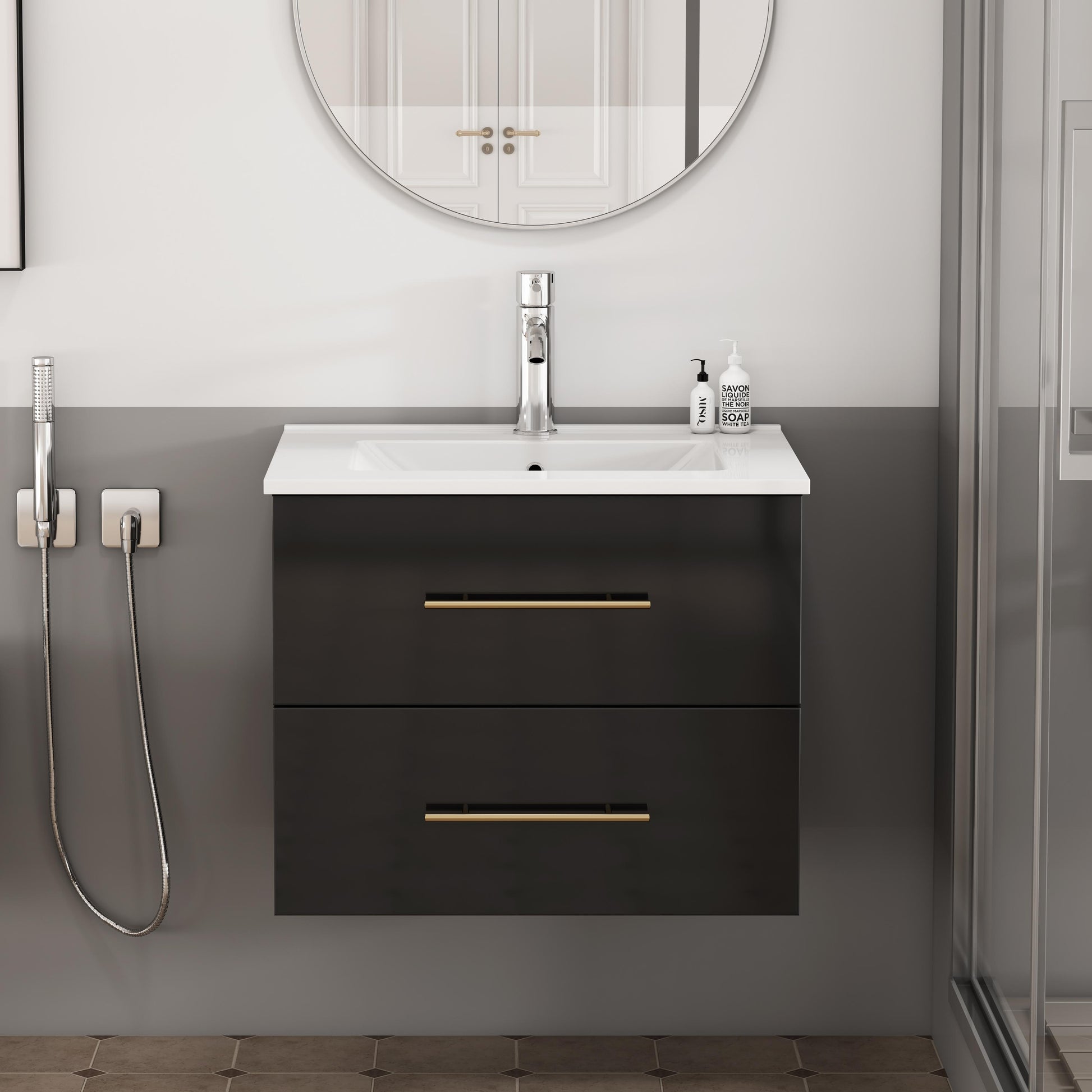 24-Inch Wall-Mounted Bathroom Vanity with Sink Combo,Double Drawers, Ceramic Basin, Easy Assemble,Long Handle In Gold Metal,2 Storage Drawers,Glossy Black