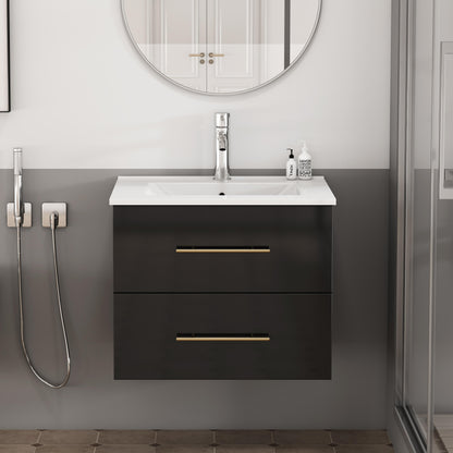 24-Inch Wall-Mounted Bathroom Vanity with Sink Combo,Double Drawers, Ceramic Basin, Easy Assemble,Long Handle In Gold Metal,2 Storage Drawers,Glossy Black