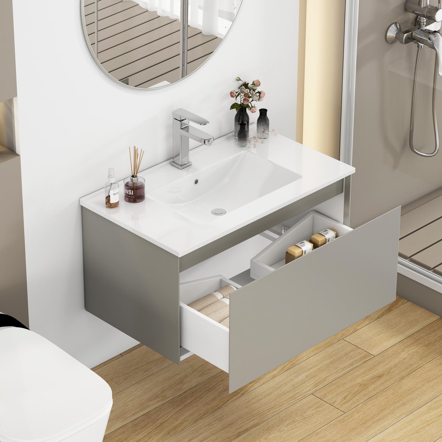 32 Inch Gray Bathroom Vanity - Wall Mounted Modern