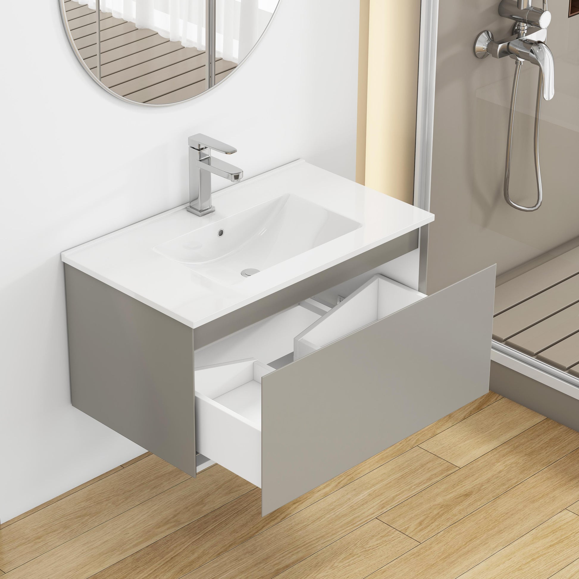 32 Inch Gray Bathroom Vanity - Wall Mounted Modern