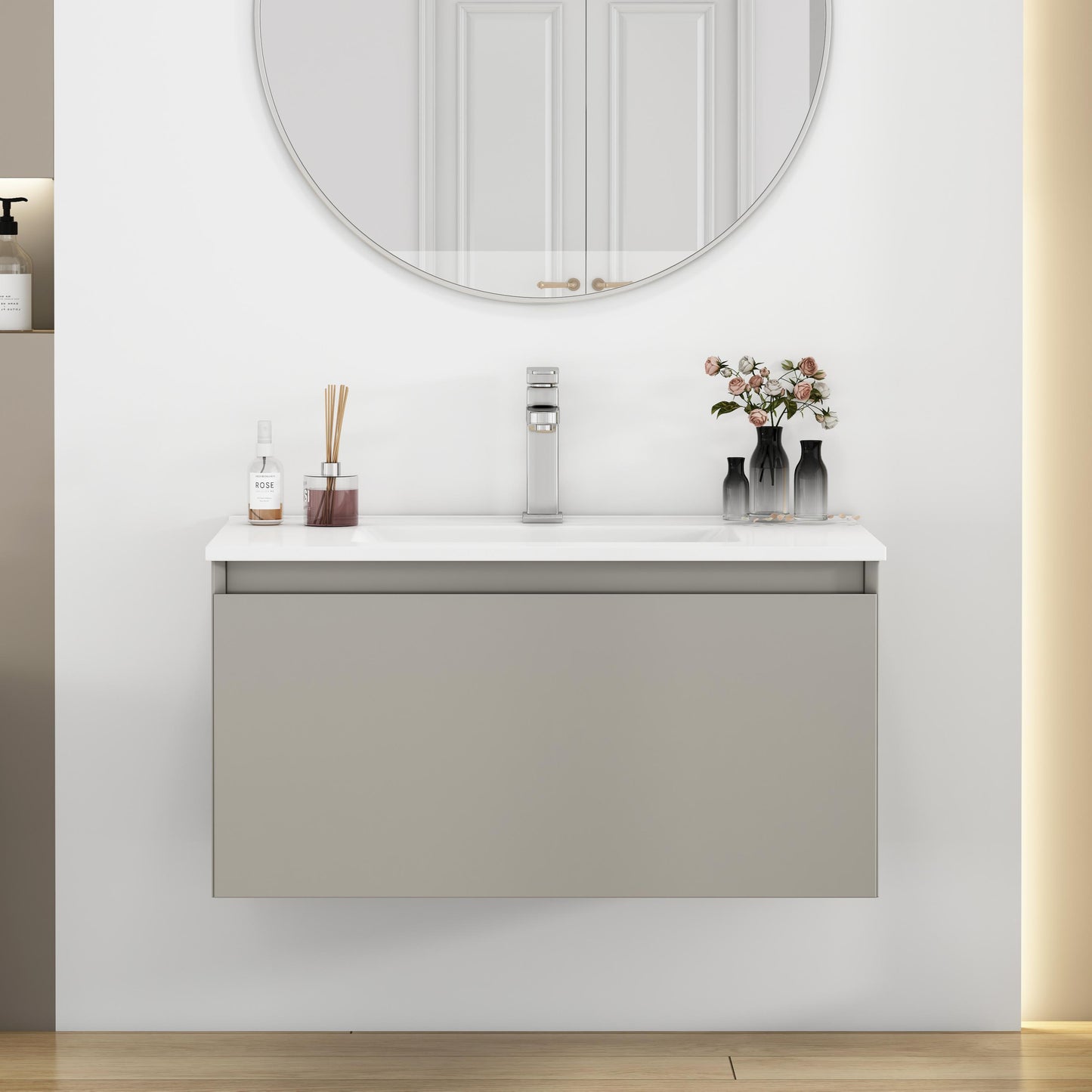 32 Inch Gray Bathroom Vanity - Wall Mounted Modern