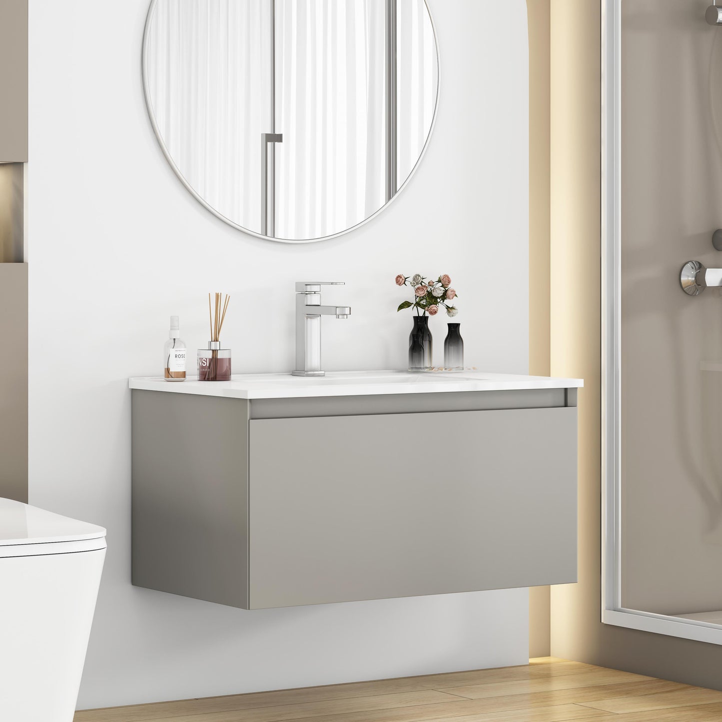32-Inch Wall-Mounted Bathroom Vanity with 1 Big Drawers, Soft-Close System,Ceramic Sink,No Handle Design,Solid Wood,Painting Finish,Easy to Install,The Faucet Is Not Included,Mocha Gray