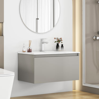 32-Inch Wall-Mounted Bathroom Vanity with 1 Big Drawers, Soft-Close System,Ceramic Sink,No Handle Design,Solid Wood,Painting Finish,Easy to Install,The Faucet Is Not Included,Mocha Gray