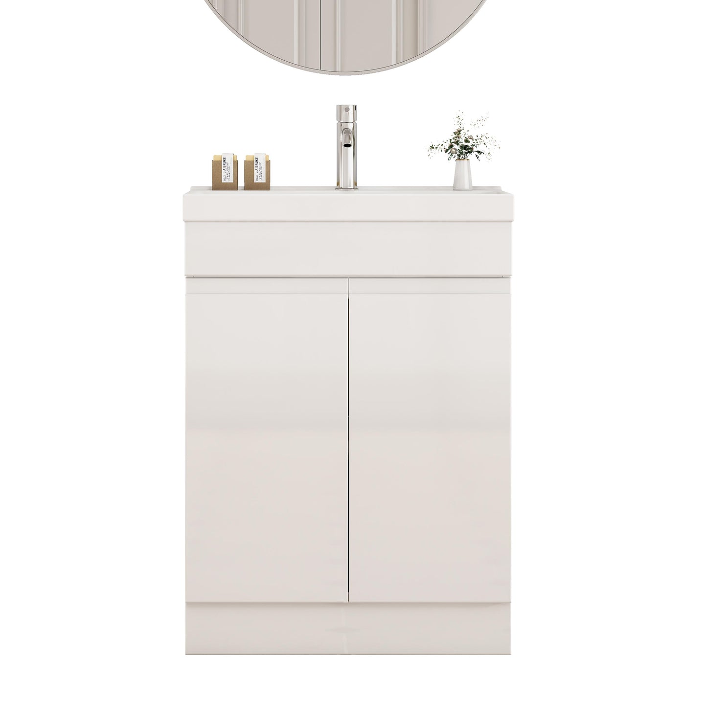 Glossy White Bathroom Vanity - 24 Inch with Sink & Shelf