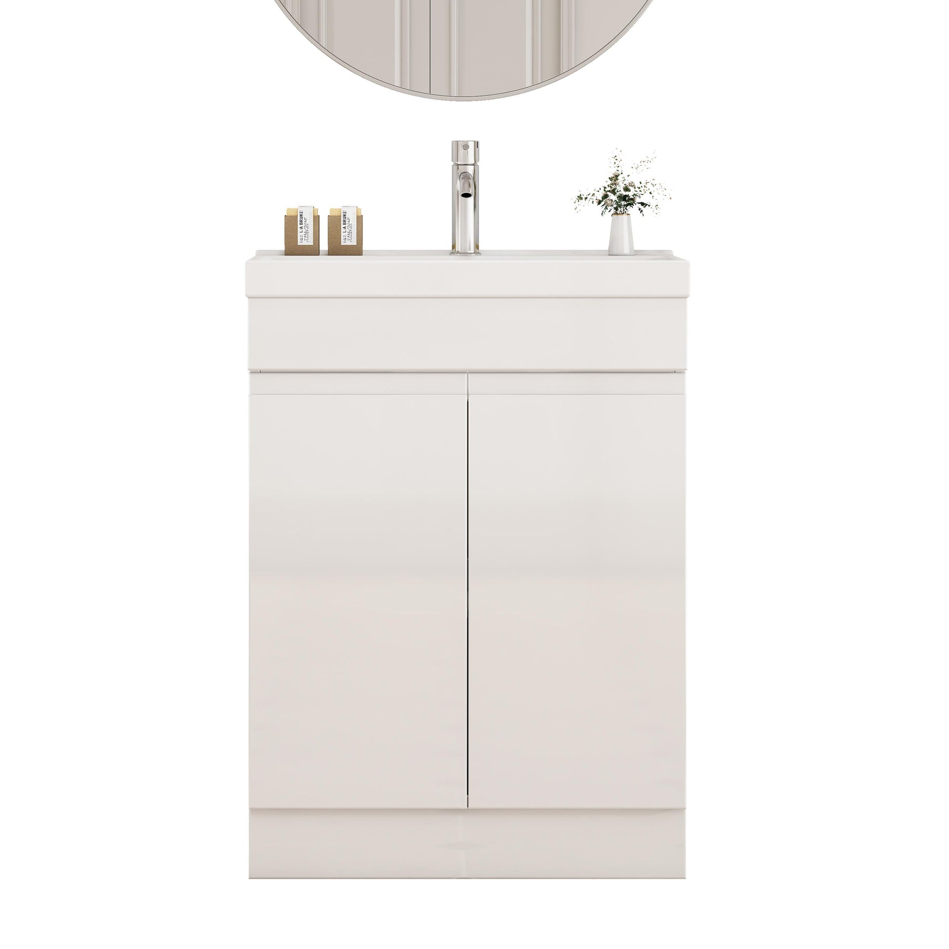 Glossy White Bathroom Vanity - 24 Inch with Sink & Shelf