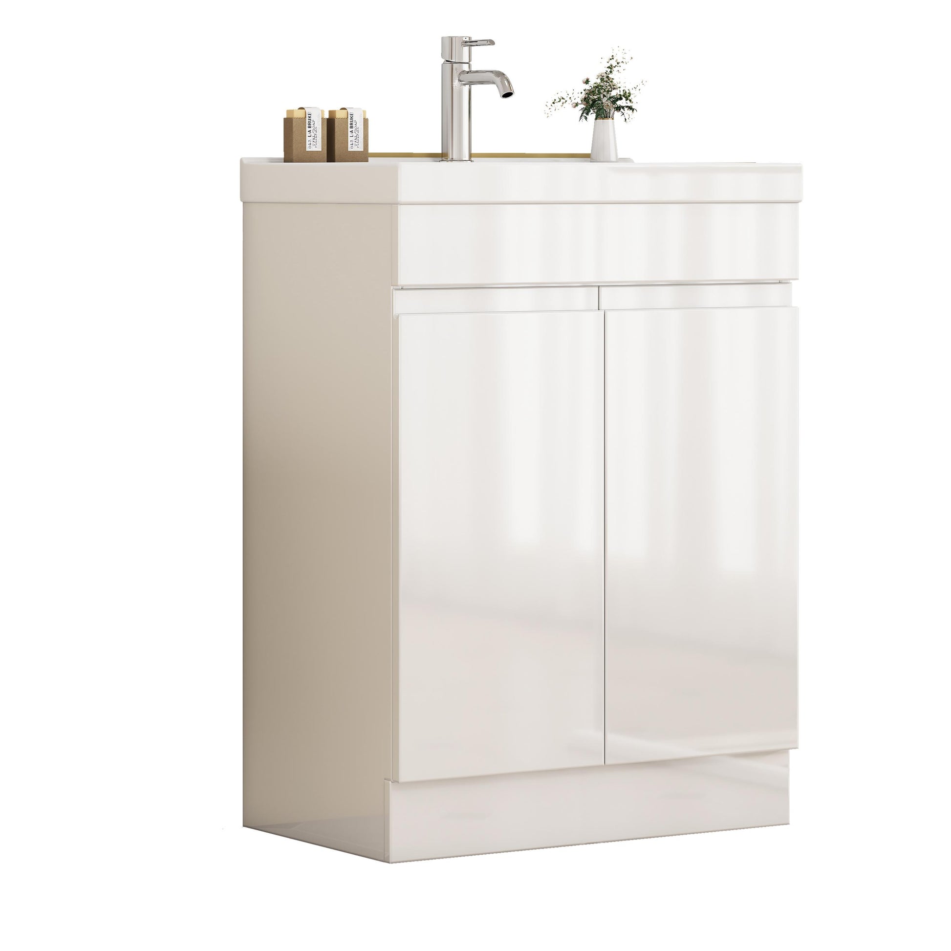 Glossy White Bathroom Vanity - 24 Inch with Sink & Shelf