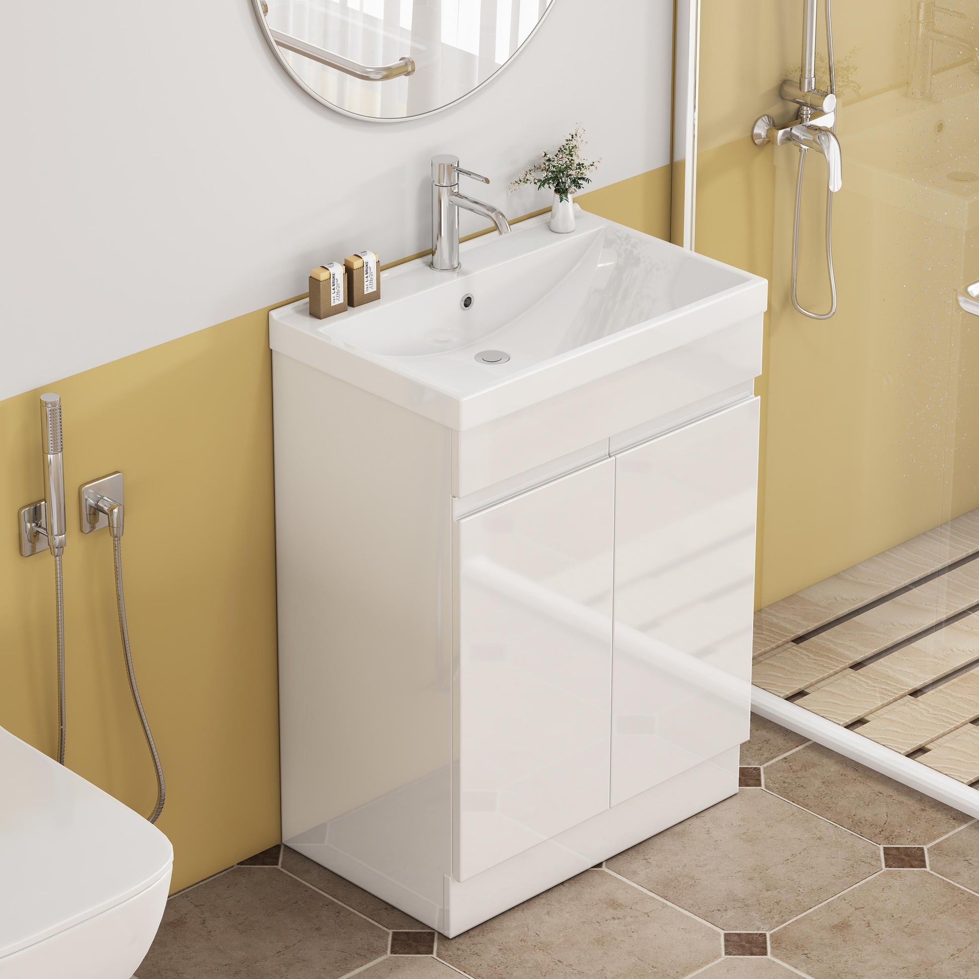 Glossy White Bathroom Vanity - 24 Inch with Sink & Shelf