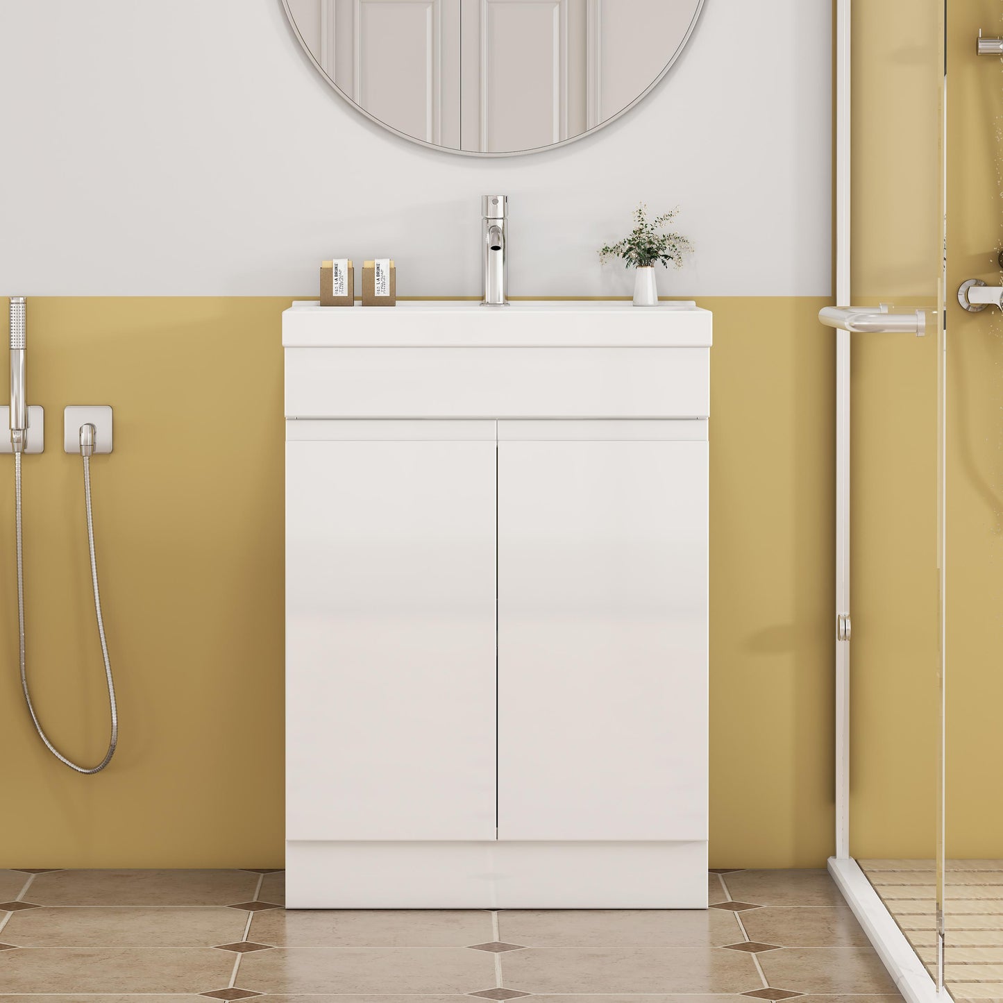 Glossy White Bathroom Vanity - 24 Inch with Sink & Shelf