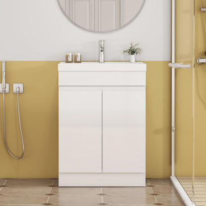 Glossy White Bathroom Vanity - 24 Inch with Sink & Shelf