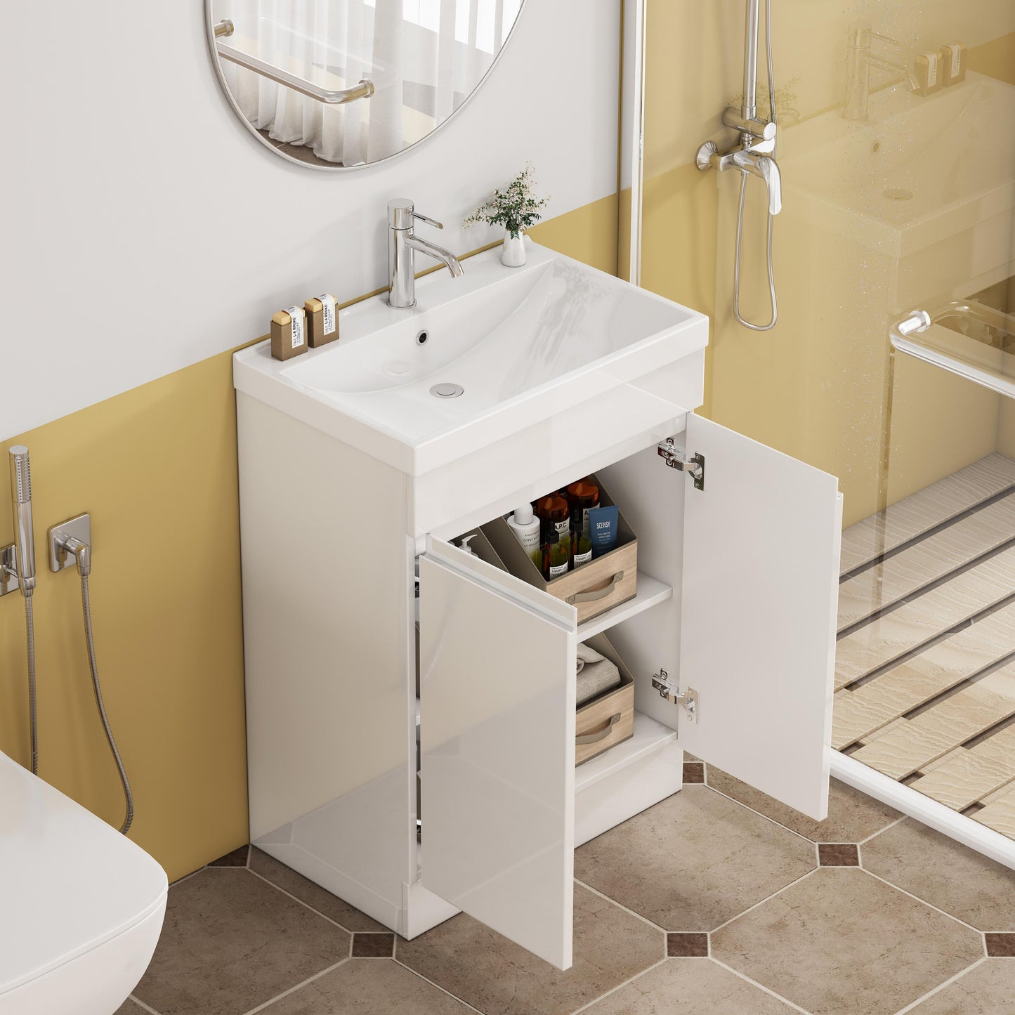 Glossy White Bathroom Vanity - 24 Inch with Sink & Shelf