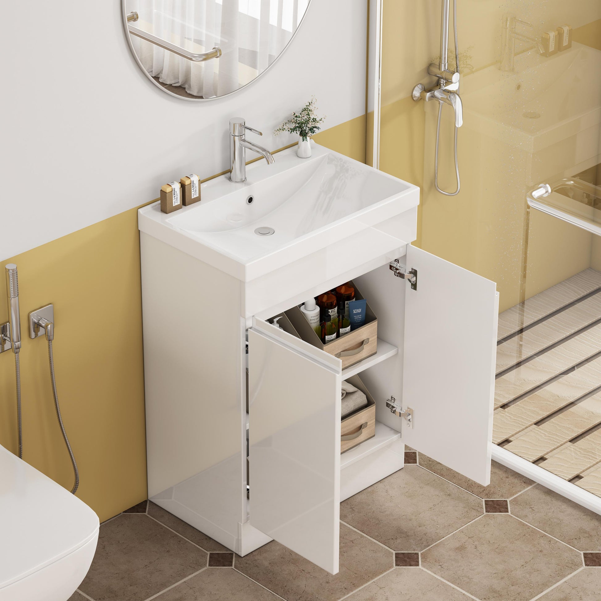 Glossy White Bathroom Vanity - 24 Inch with Sink & Shelf