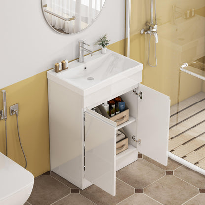 Glossy White Bathroom Vanity - 24 Inch with Sink & Shelf