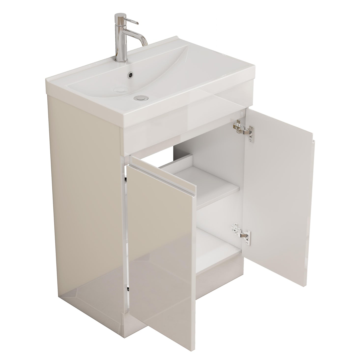 Glossy White Bathroom Vanity - 24 Inch with Sink & Shelf