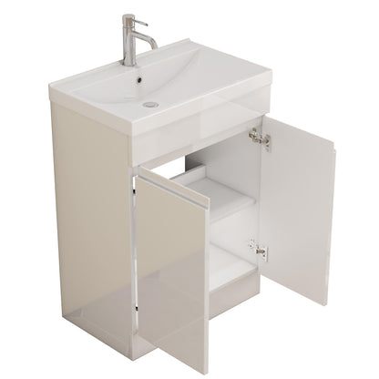 Glossy White Bathroom Vanity - 24 Inch with Sink & Shelf