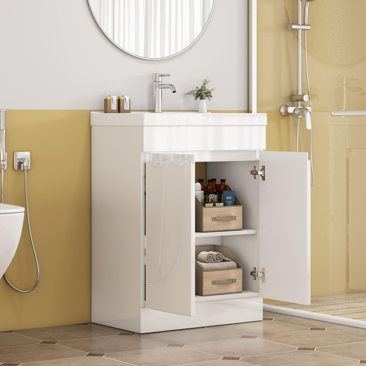 Glossy White Bathroom Vanity - 24 Inch with Sink & Shelf