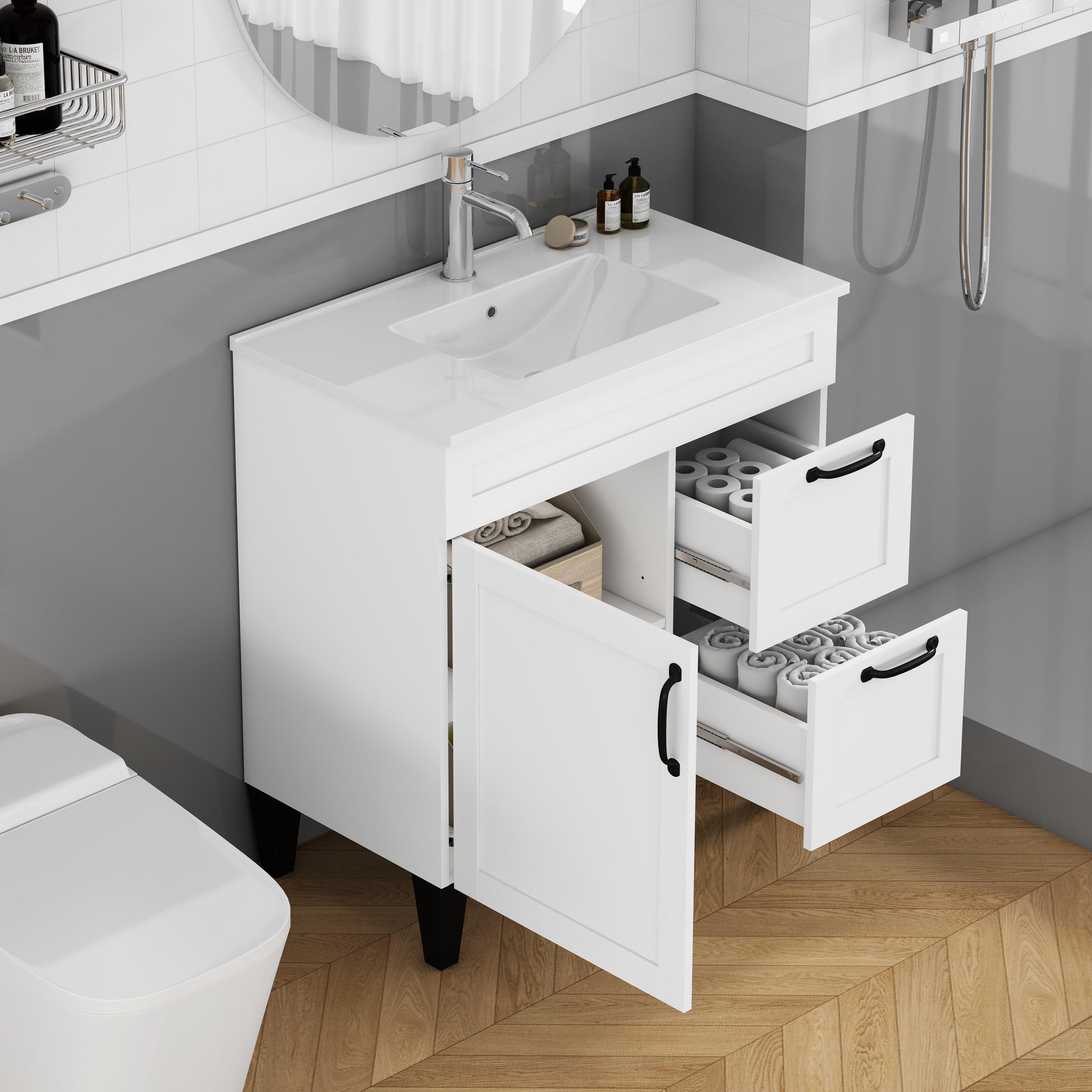 31.5" White Bathroom Vanity Sink Combo - Storage Cabinet with Soft Close Doors &