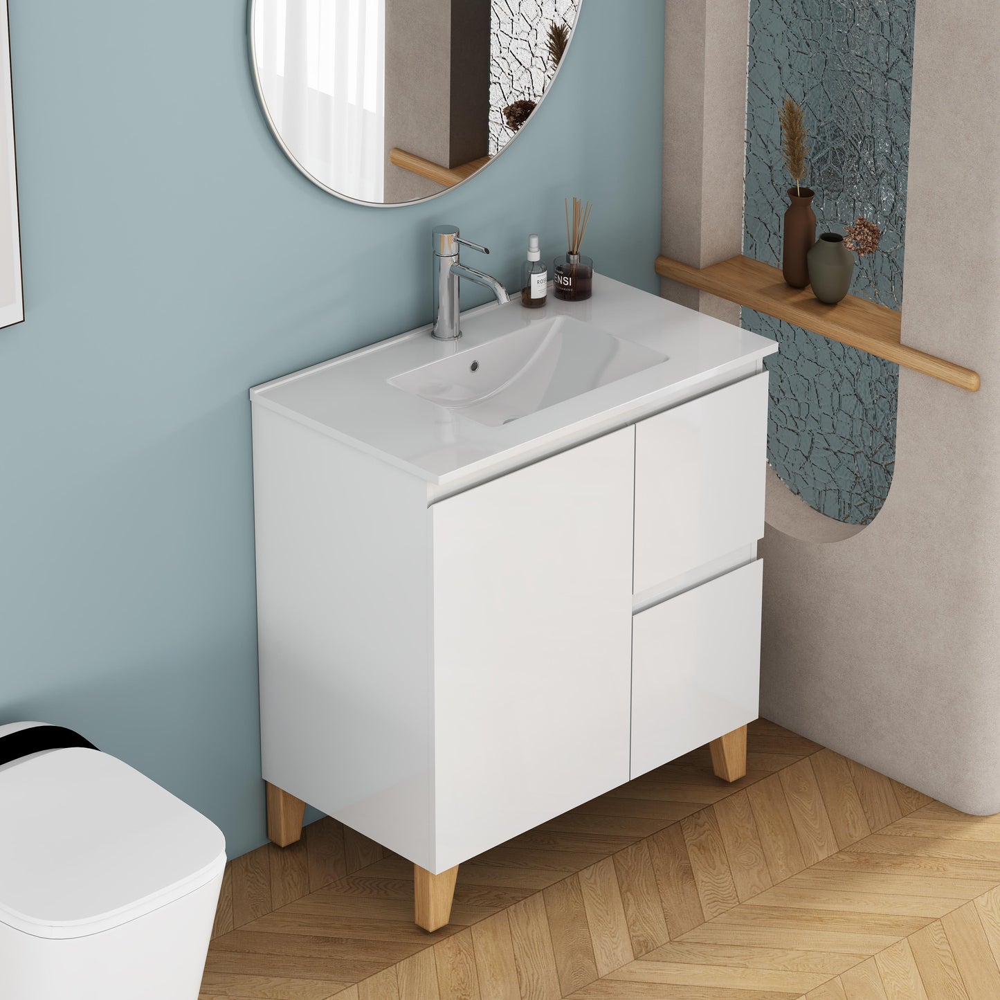 Small Bathroom Vanity for Renovation, Glossy White Particle Board