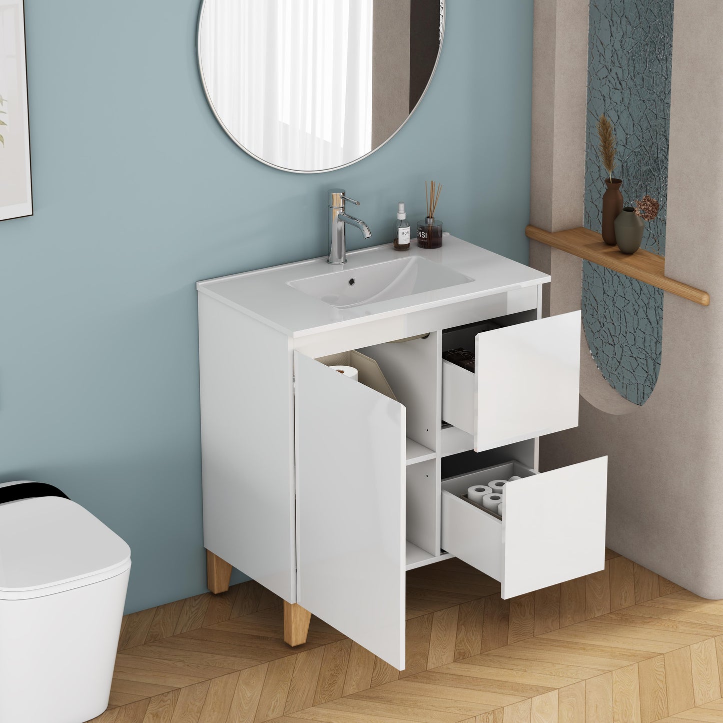 Small Bathroom Vanity for Renovation, Glossy White Particle Board
