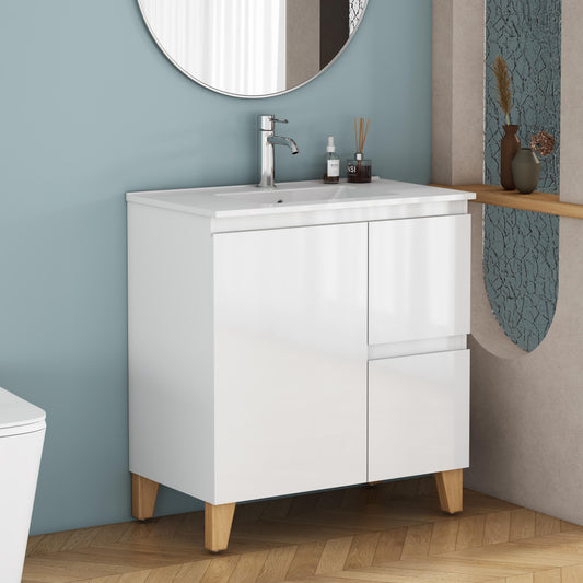 31.5-Inch Modern Bathroom Vanity With Sink Combo, Cabinet with 1 Doors and 2 Drawer, Soft-Clost System,Handle-Free Design,Natural Solid Wood Feet,Easy Assemble,Glossy White