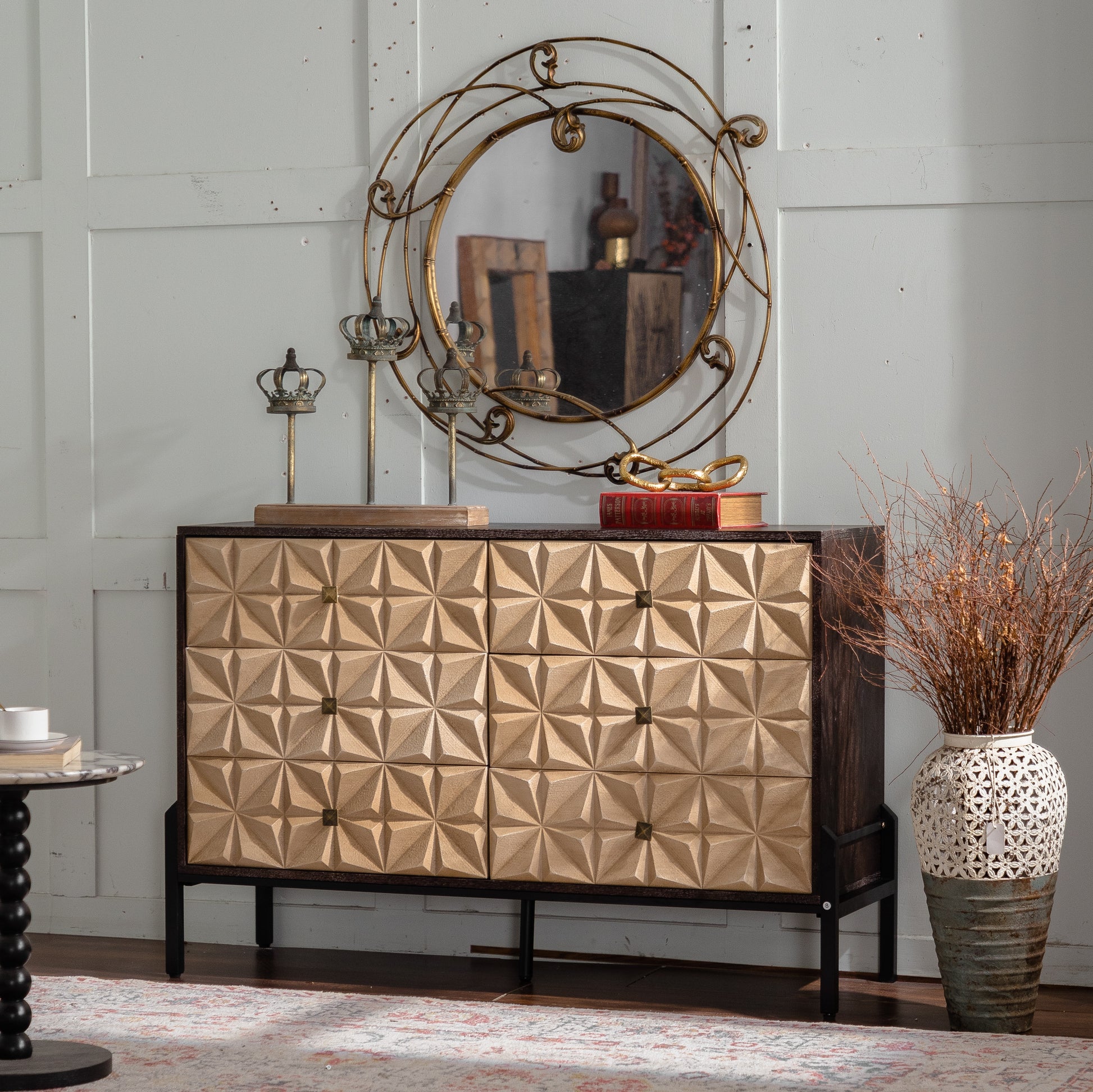 Living Room 48" Mid-Century Modern 6-Drawer Sideboard - Solid Wood & MDF,