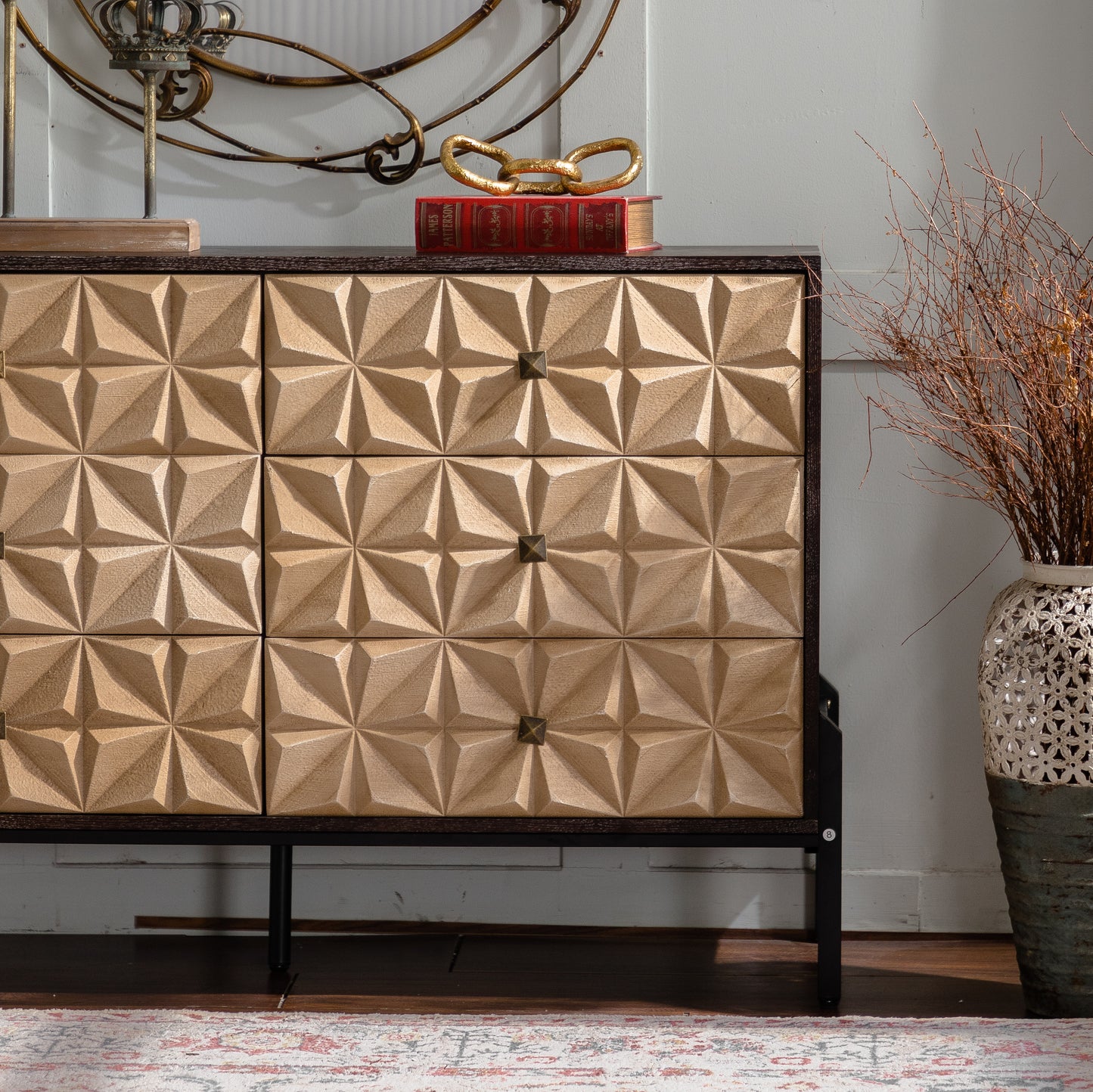 Living Room 48" Mid-Century Modern 6-Drawer Sideboard - Solid Wood & MDF,