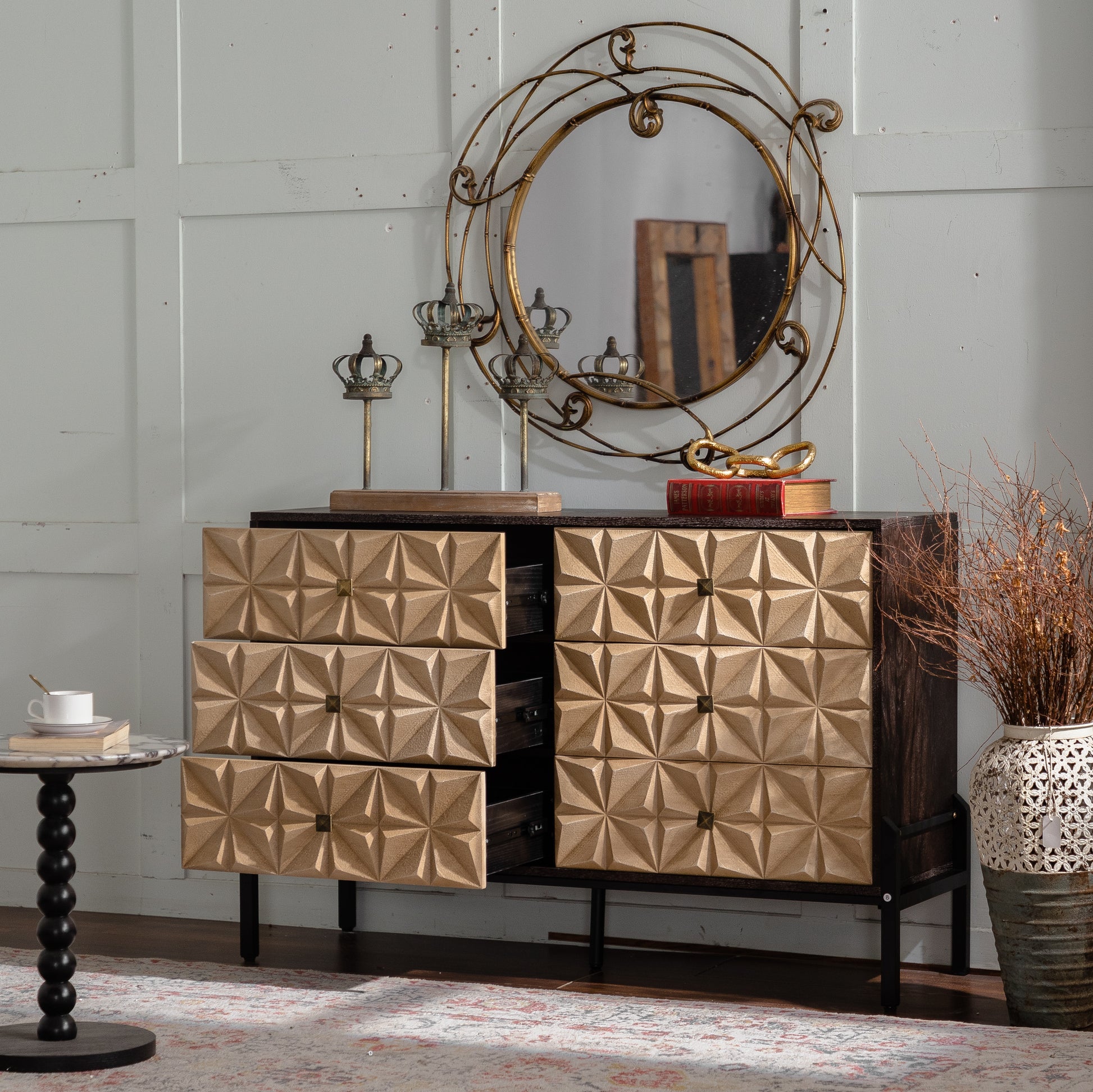 Living Room 48" Mid-Century Modern 6-Drawer Sideboard - Solid Wood & MDF,