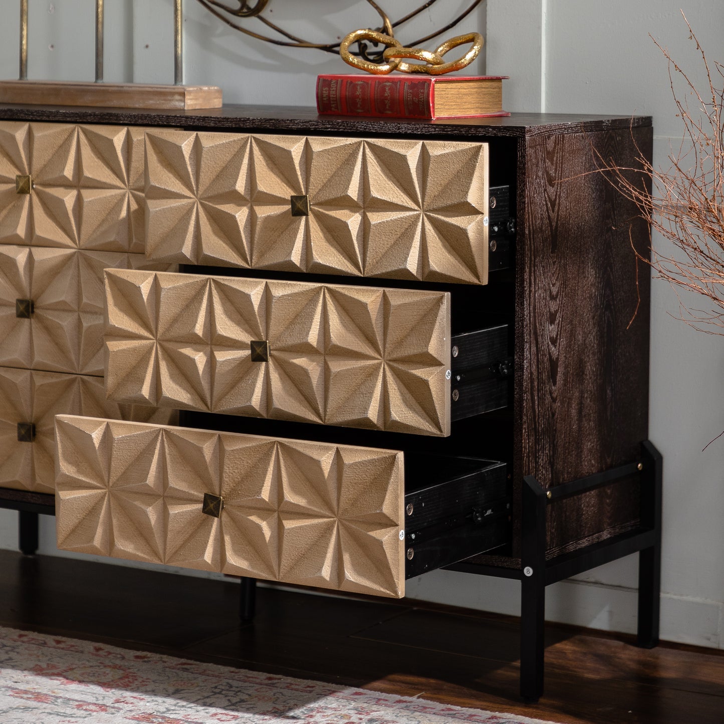 Living Room 48" Mid-Century Modern 6-Drawer Sideboard - Solid Wood & MDF,