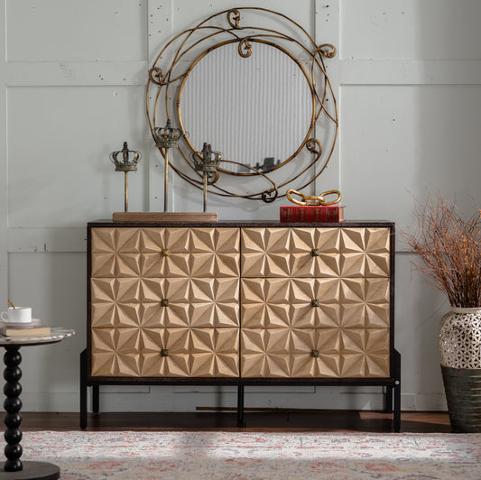 48.21" Mid-Century Modern 6-Drawer Sideboard - Solid Wood & MDF 3D Geometric Diamond Dresser, Buffet Console Table with Black Metal Legs for Living Room/Dining Room