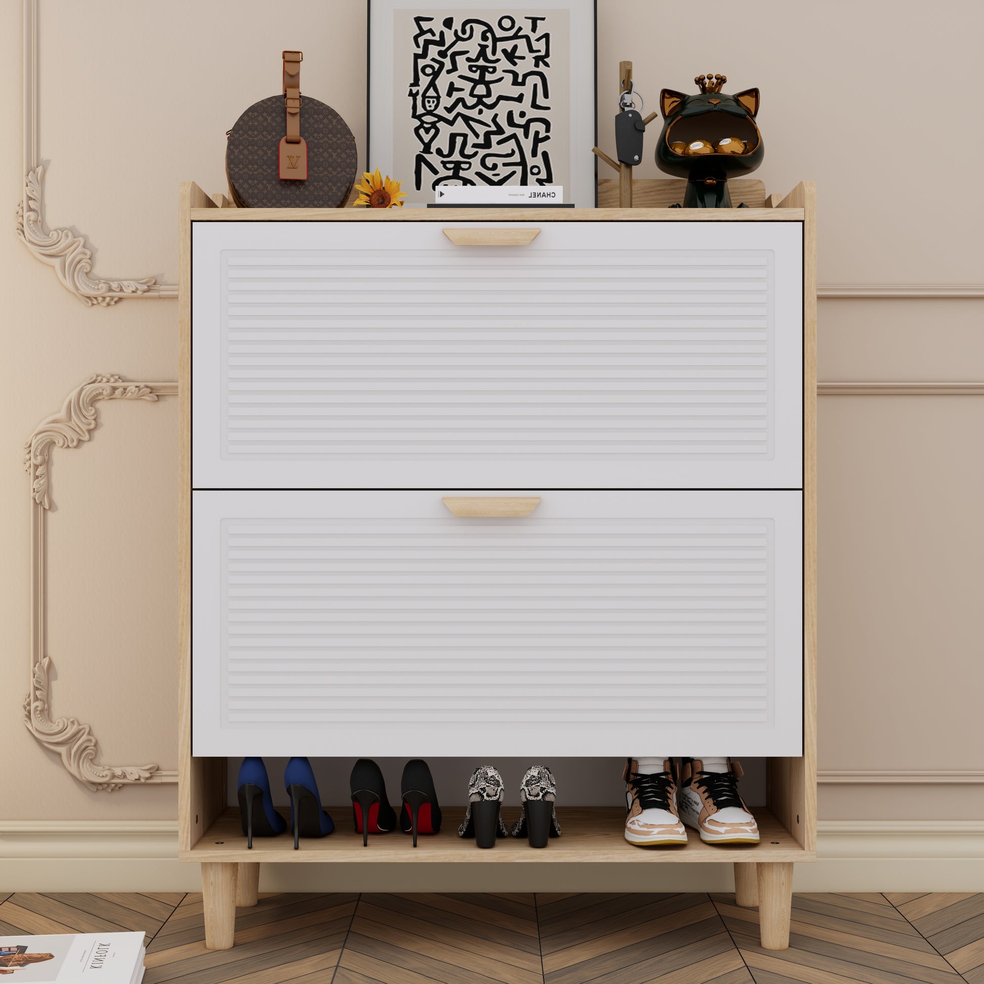 Small Entryway Shoe Cabinet - White MDF Storage