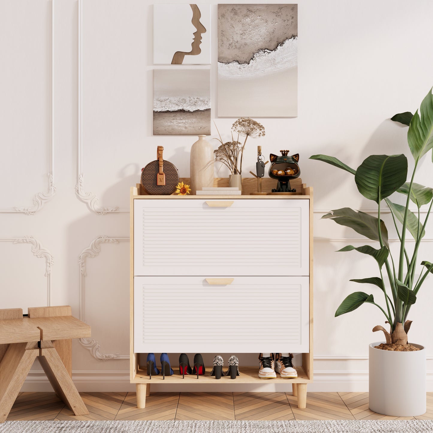 Small Entryway Shoe Cabinet - White MDF Storage