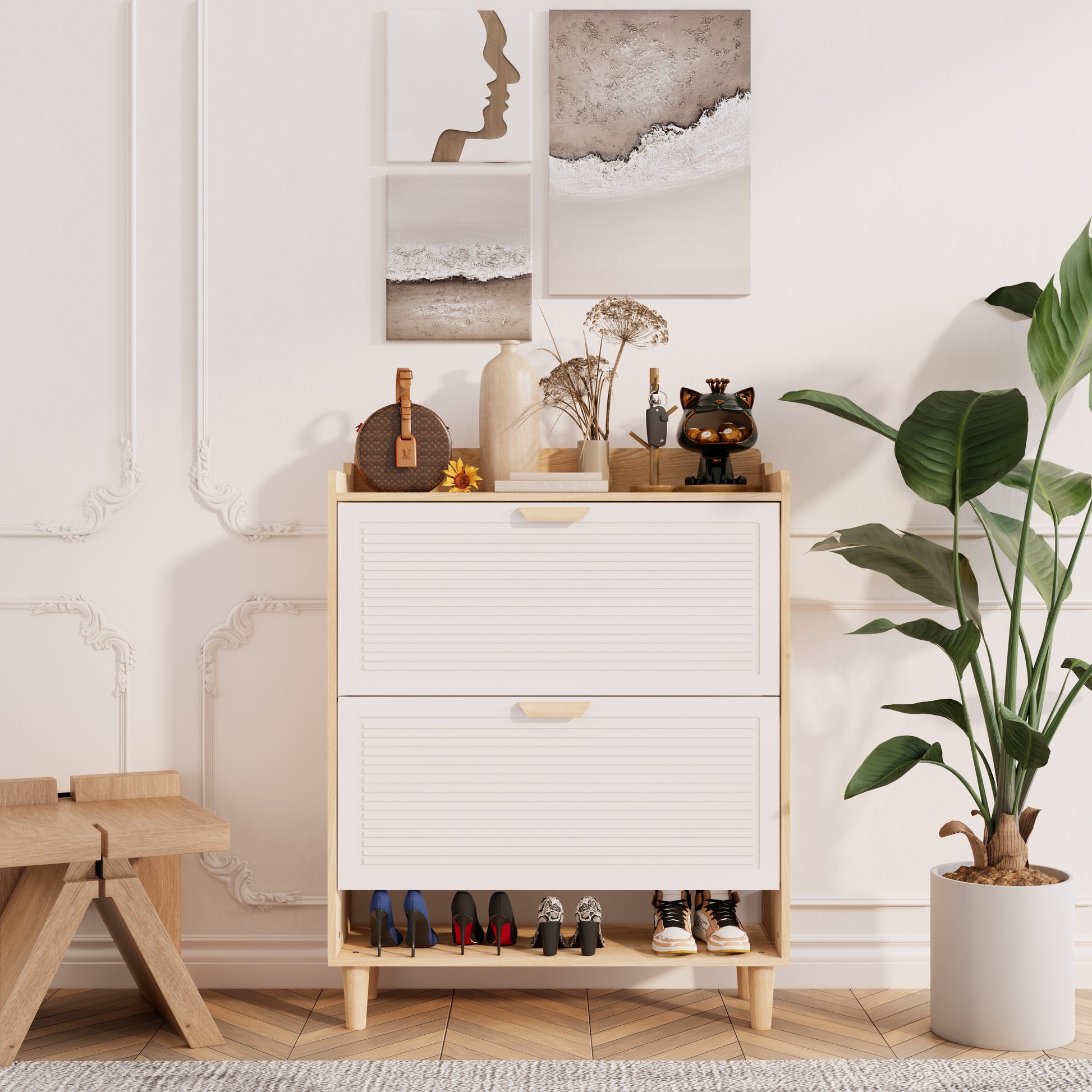 Small Entryway Shoe Cabinet - White MDF Storage