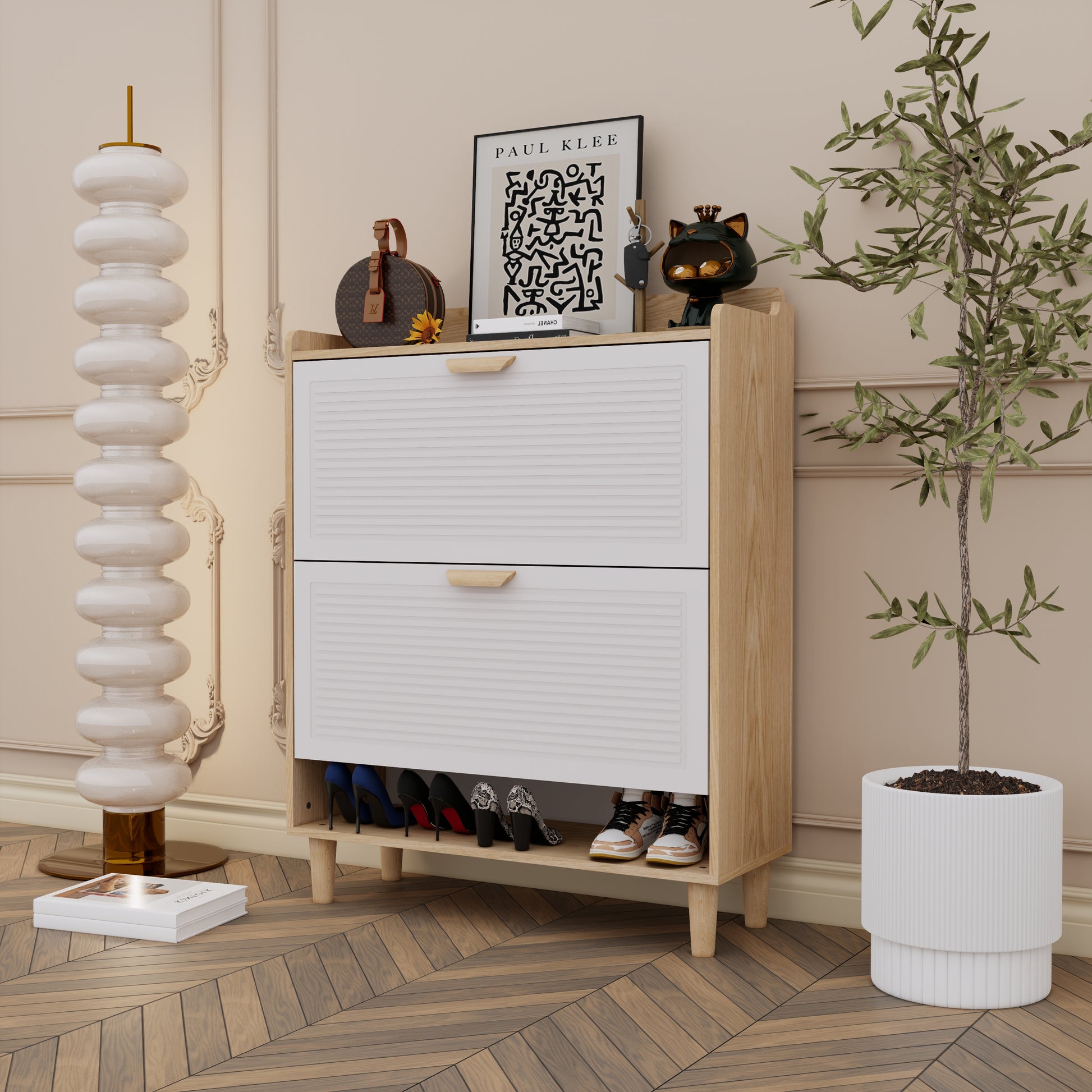Small Entryway Shoe Cabinet - White MDF Storage