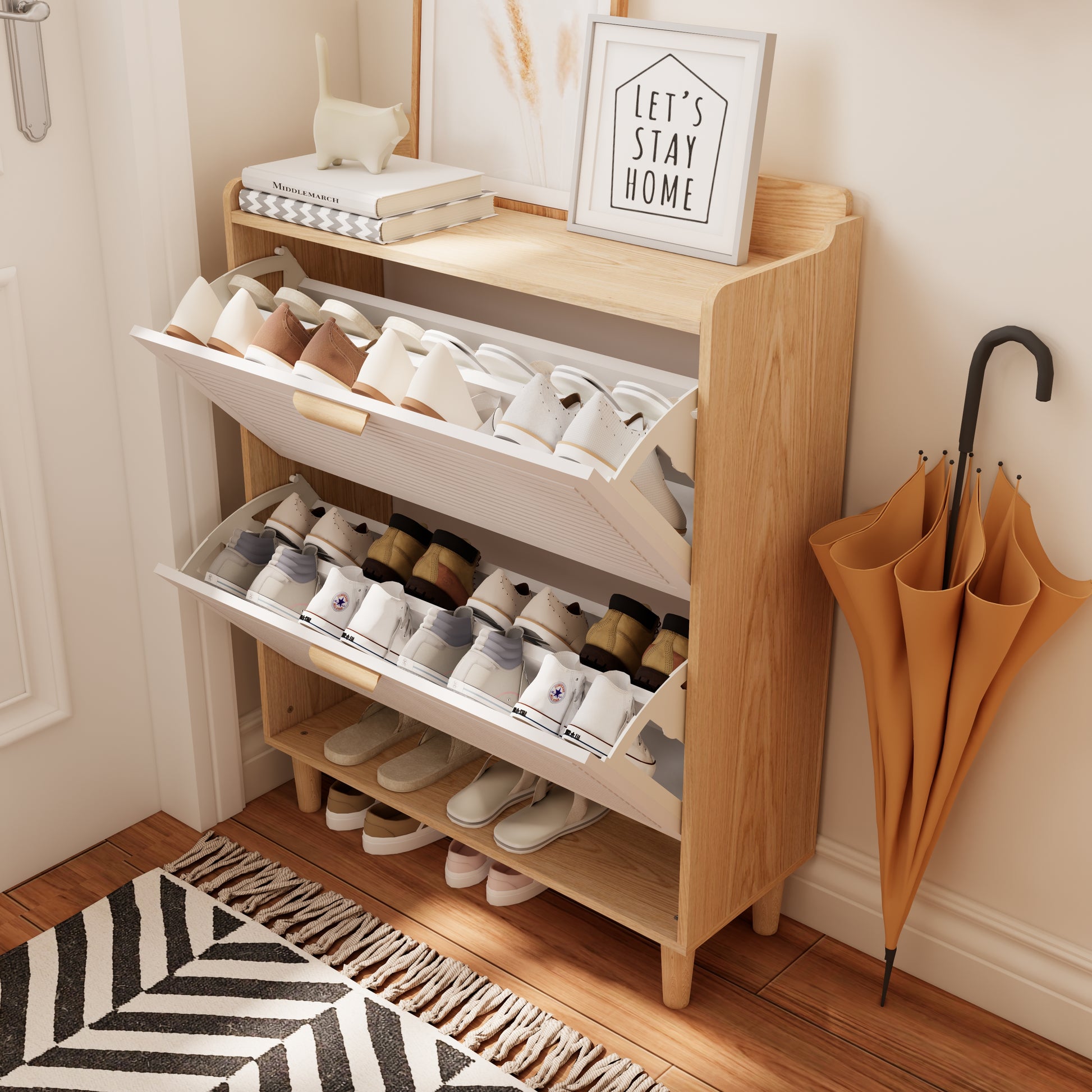 Small Entryway Shoe Cabinet - White MDF Storage