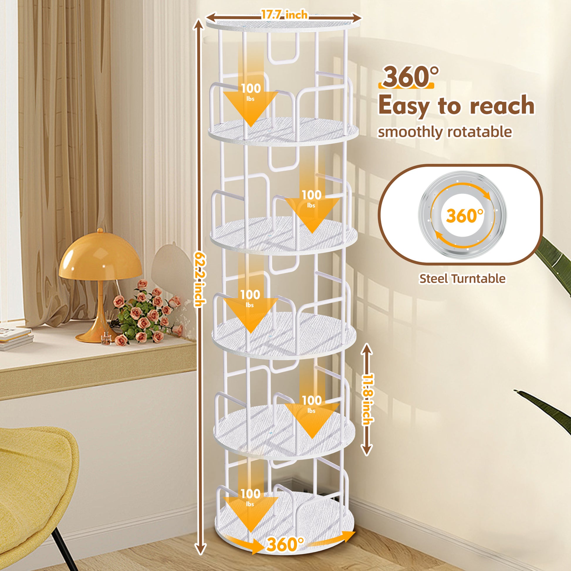 5-Tier Rotating Bookshelf Tower - White MDF Iron
