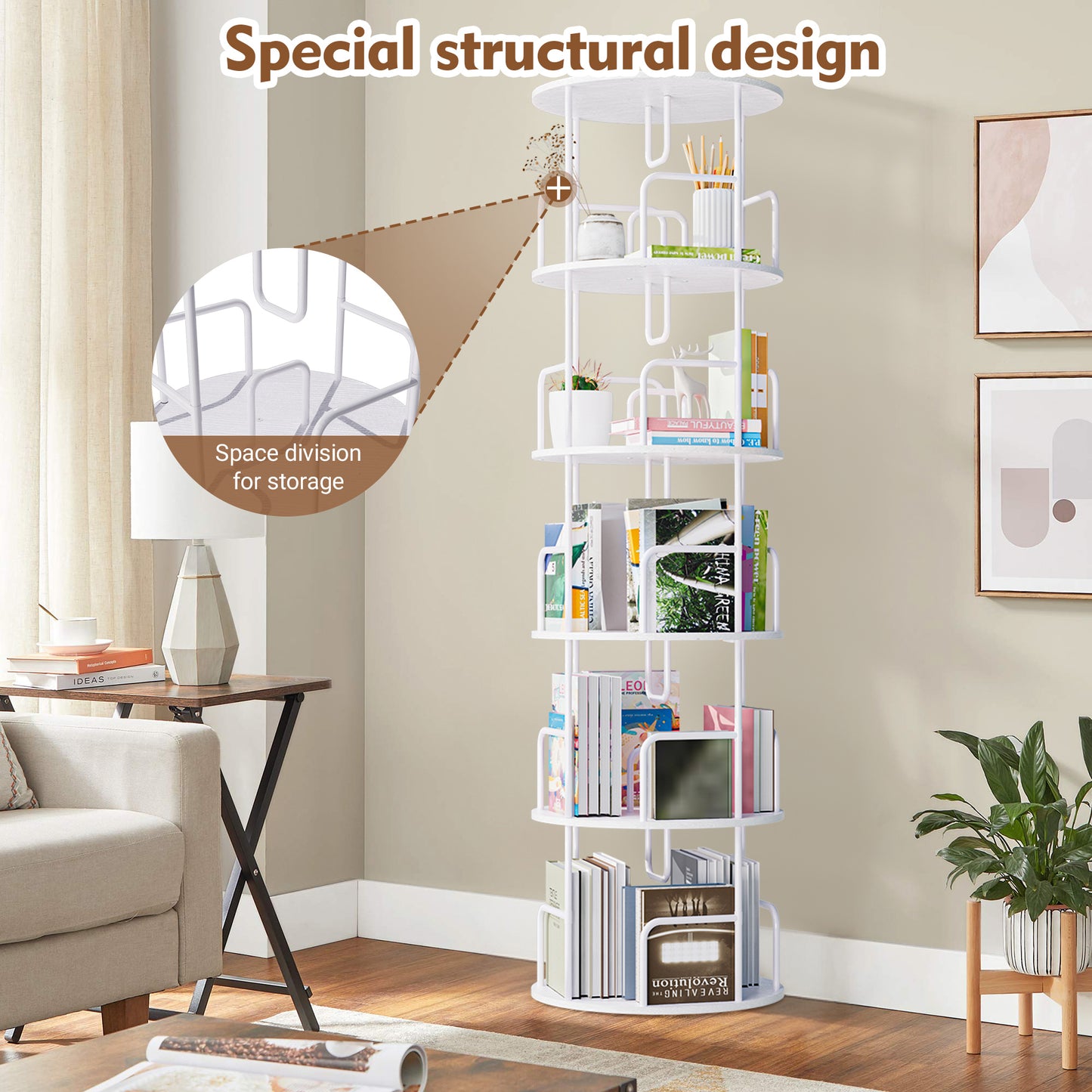 5-Tier Rotating Bookshelf Tower - White MDF Iron