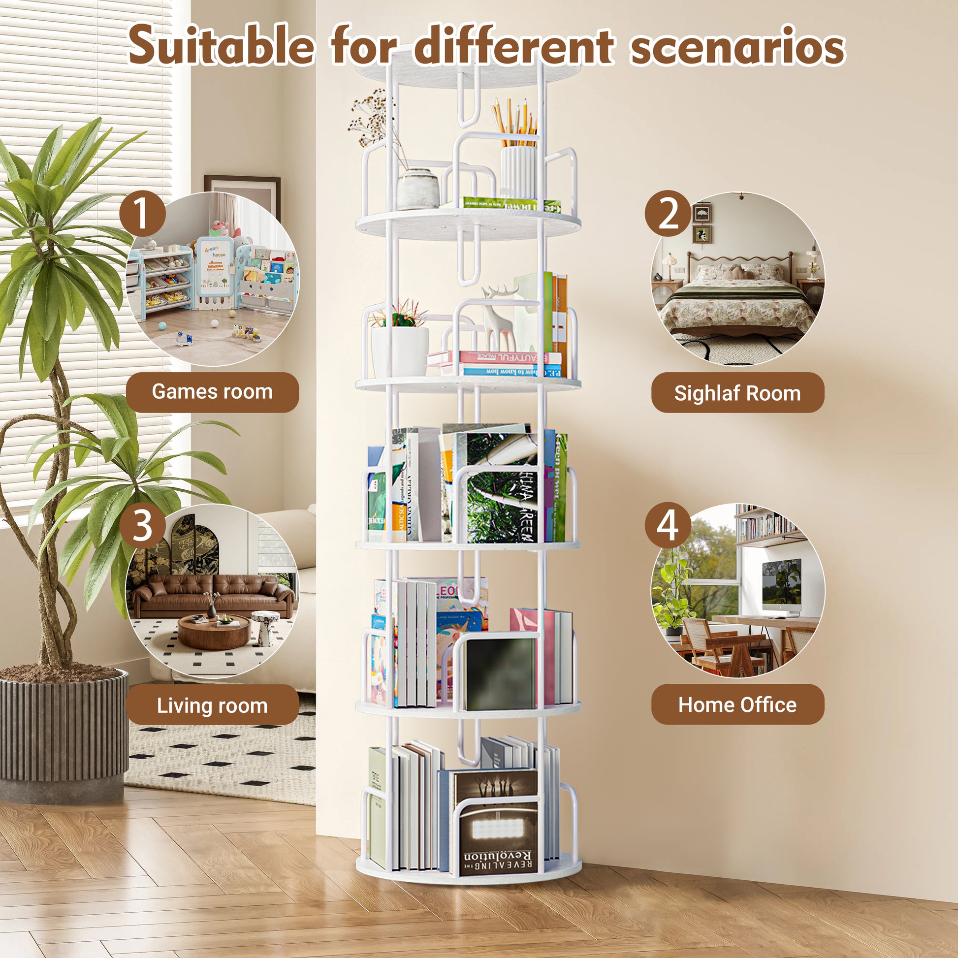 5-Tier Rotating Bookshelf Tower - White MDF Iron