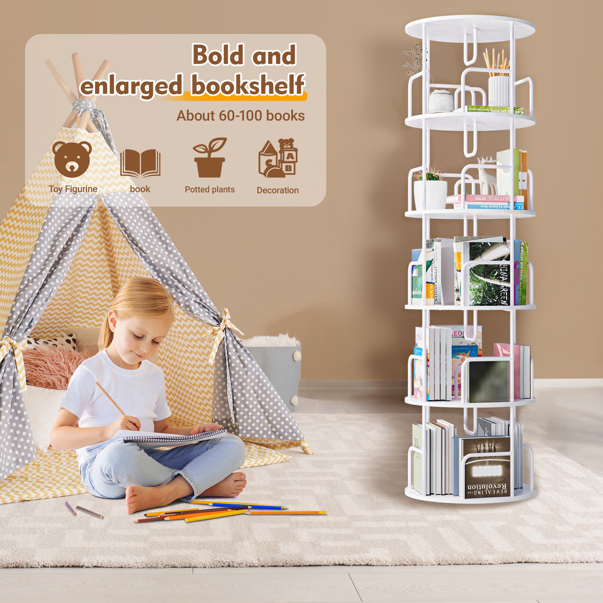 5-Tier Rotating Bookshelf Tower - White MDF Iron