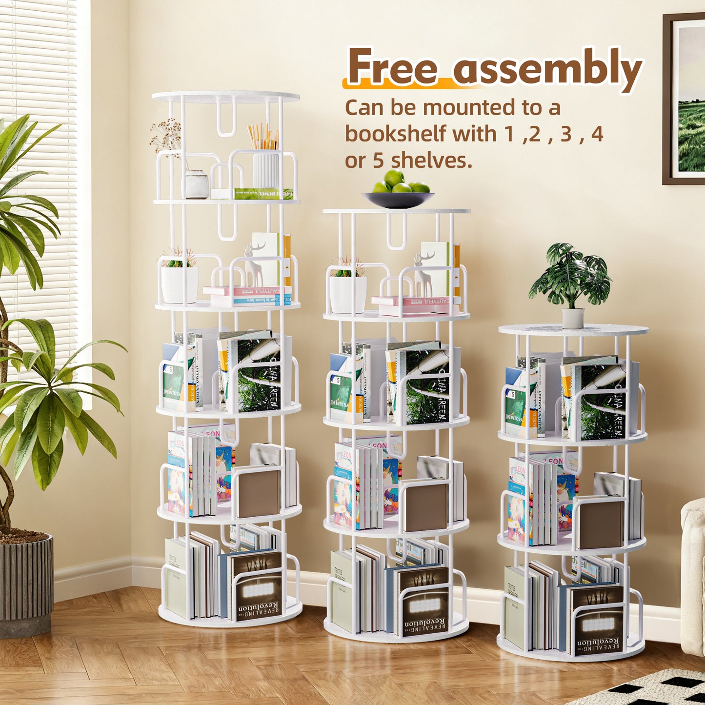 5-Tier Rotating Bookshelf Tower - White MDF Iron