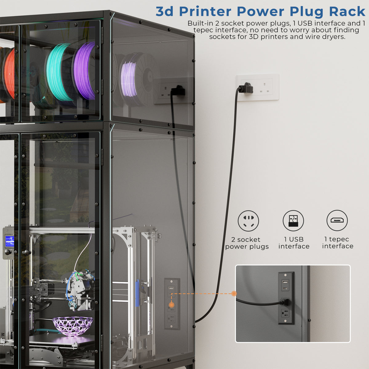 3D Printer Cabinet with Filament Storage - Black Acrylic, Metal