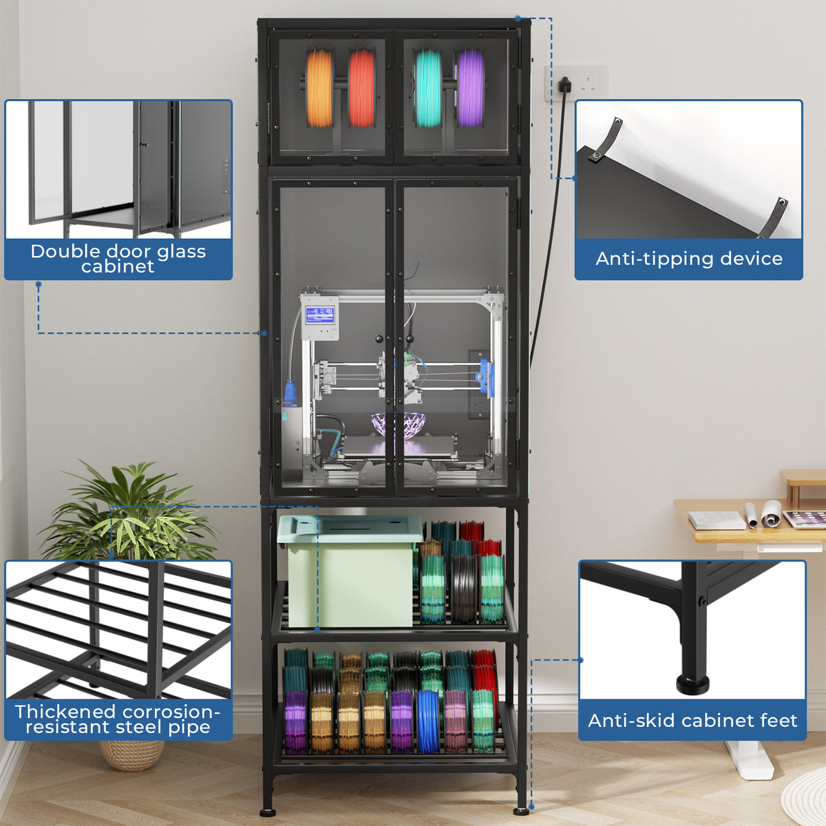3D Printer Cabinet with Filament Storage - Black Acrylic, Metal