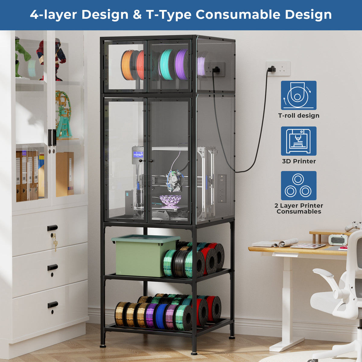 3D Printer Cabinet with Filament Storage - Black Acrylic, Metal