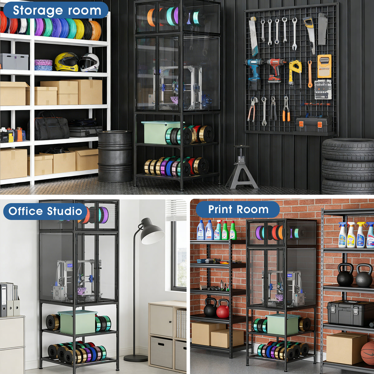3D Printer Cabinet with Filament Storage - Black Acrylic, Metal