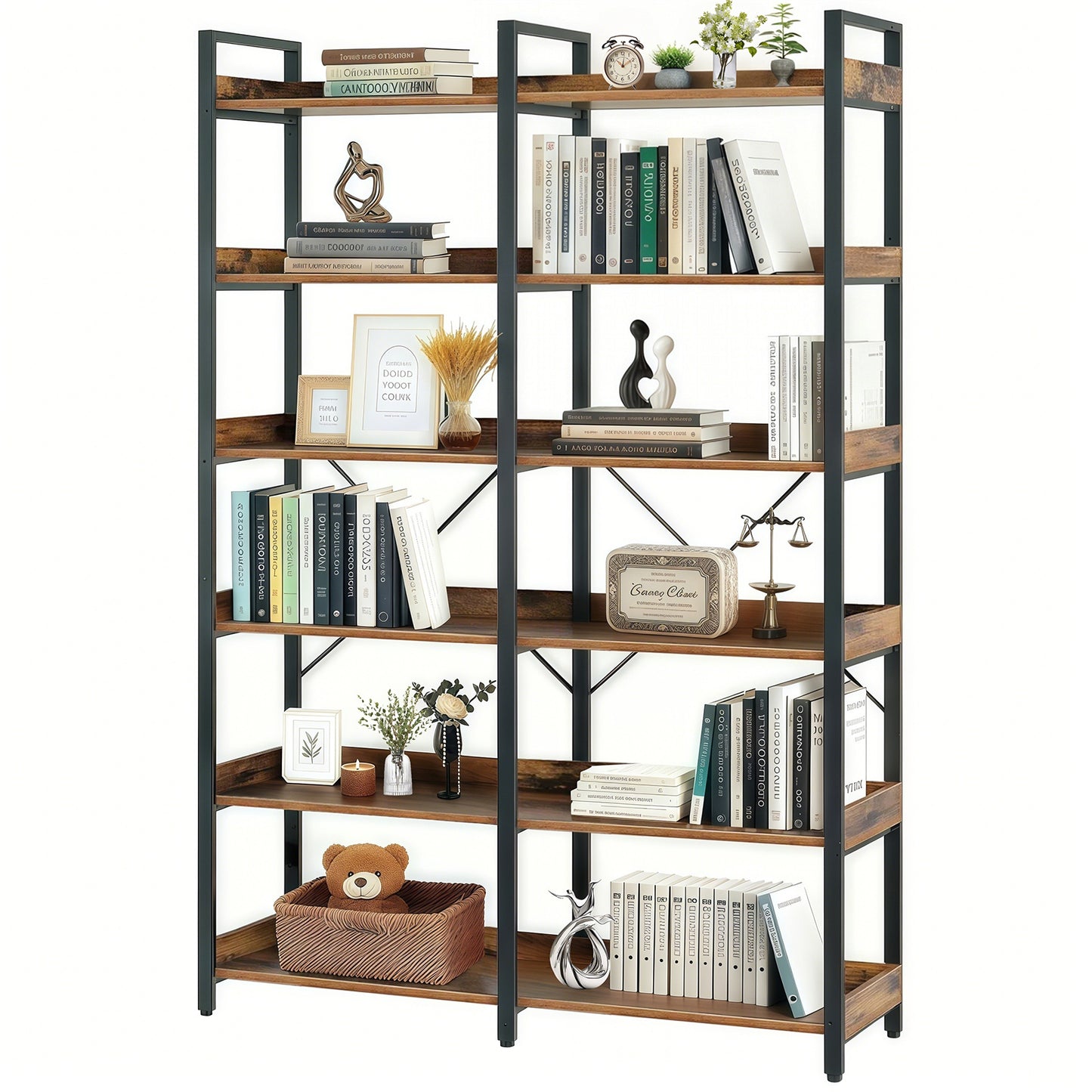 6-Tier Industrial Bookshelf, 67" Wooden Bookshelf with Open Shelves, Freestanding Metal Frame Bookcase for Storage and Display, Modern Book Shelves for Bedroom, Living Room and Home Office, Brown