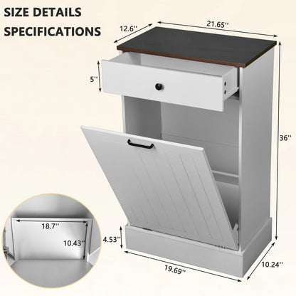 White MDF Trash Can Cabinet - 1 Drawer Freestanding Storage
