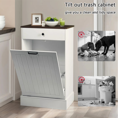 White MDF Trash Can Cabinet - 1 Drawer Freestanding Storage