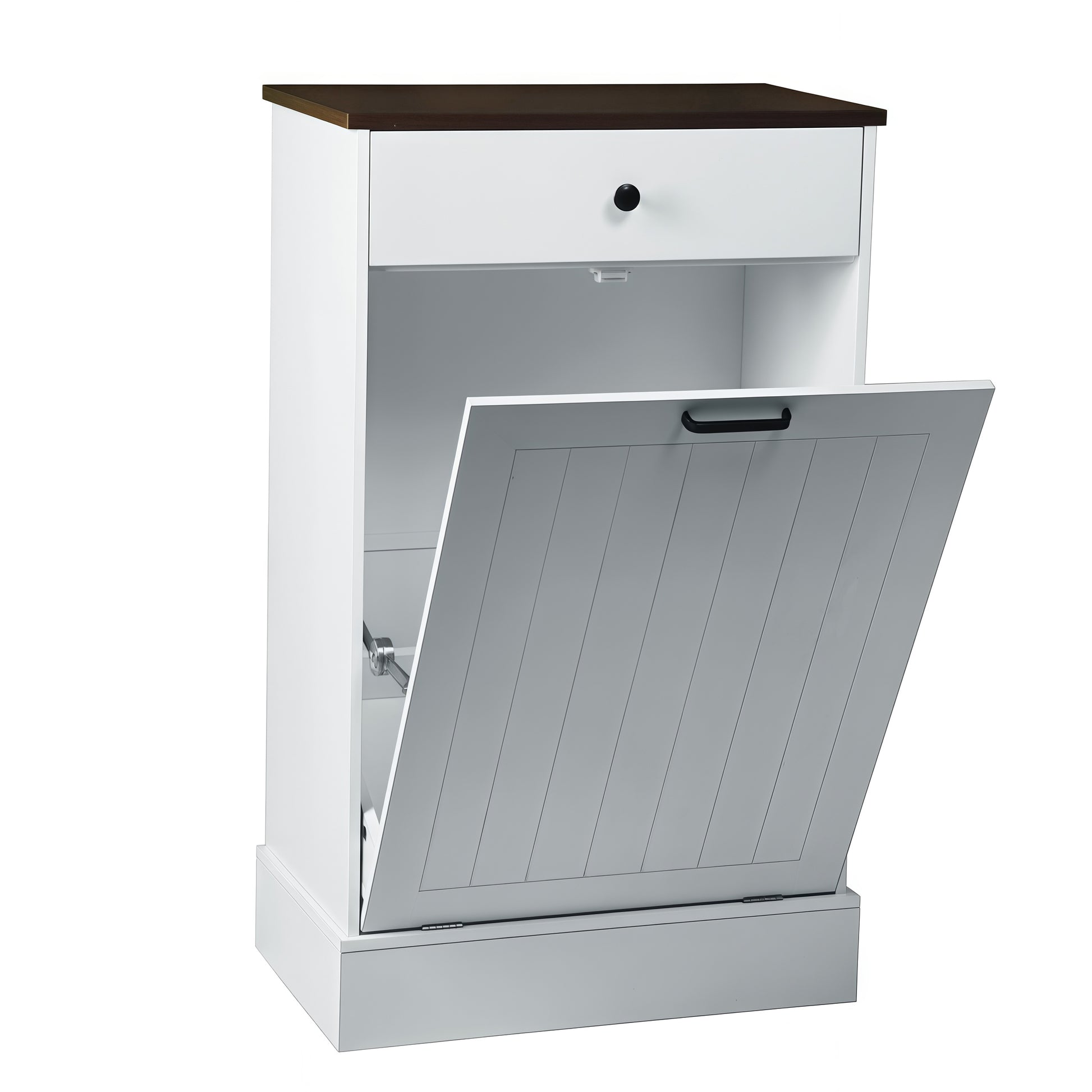 White MDF Trash Can Cabinet - 1 Drawer Freestanding Storage